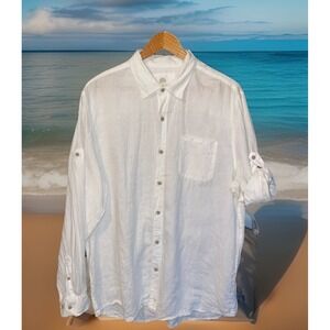 Ocean & Coast‎ Shirt Men L White 100% Linen Roll Tab Long Sleeve Preppy Beach